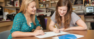 An image of a school counselor reviewing documents with a female student.