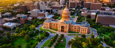 An aerial view image of the Texas state capitol.
