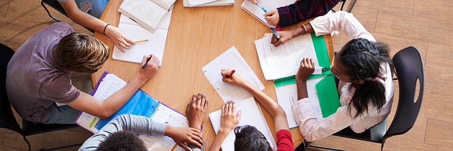 An image of a group of students working around a table.