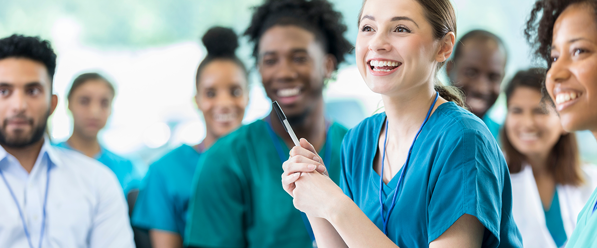 An image of medical students in a classroom.