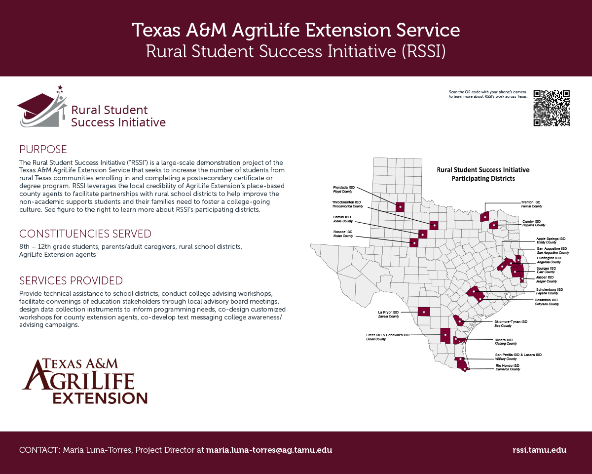 Poster for Texas A&M AgriLife Extension Service, Rural Student Success Initiative (RSSI)
